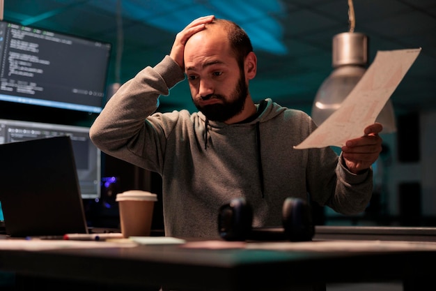 Tired software developer working late after hours, feeling under pressure to meet deadline. Using html script and terminal window to program source code, being overworked and stressed.