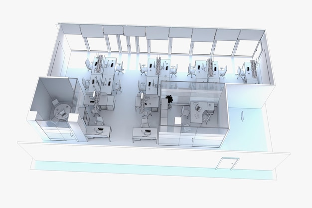 Toimiston sisätilojen visualisointi 3D-kuvitus cg renderöinti