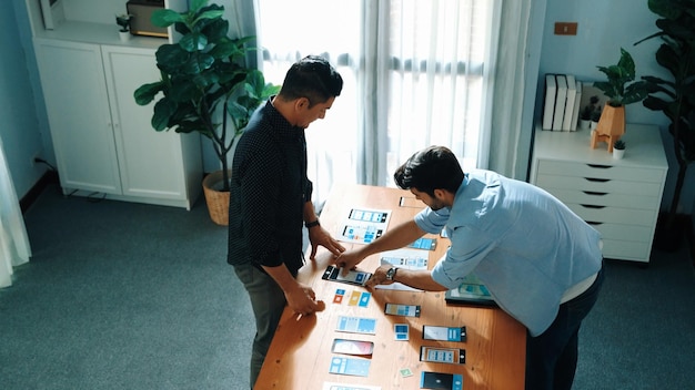 Top view of frontend developer design ux ui interface with team convocation
