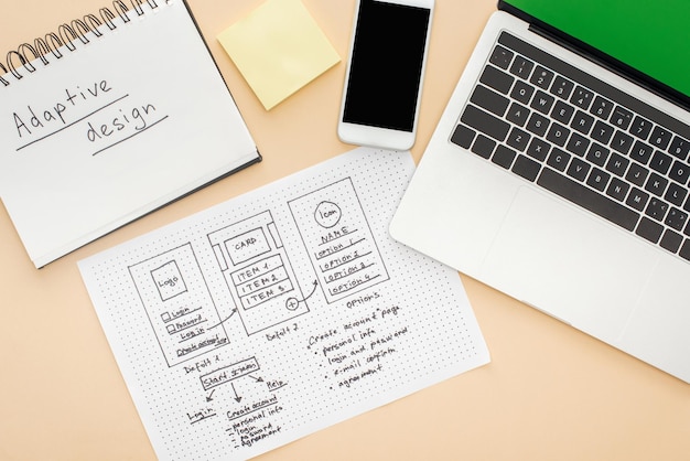 Top view of gadgets near website design template and notebook with adaptive design lettering on