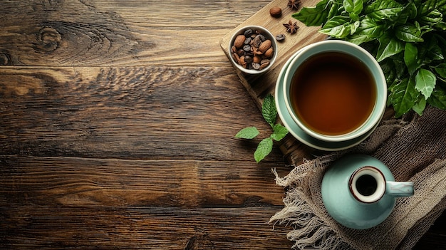 Top view of herbal tea with fresh leaves on a wooden table