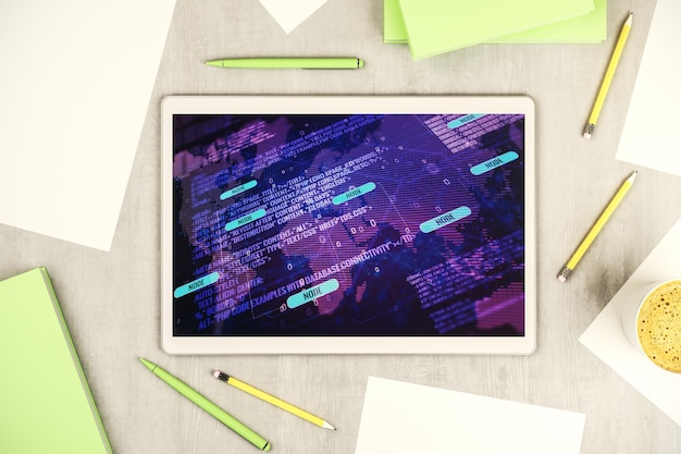 Top view of modern digital tablet display with abstract software development hologram and world map global research and analytics concept 3D Rendering