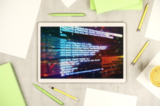 Top view of modern digital tablet monitor with abstract programming language hologram artificial intelligence and machine learning concept 3D Rendering