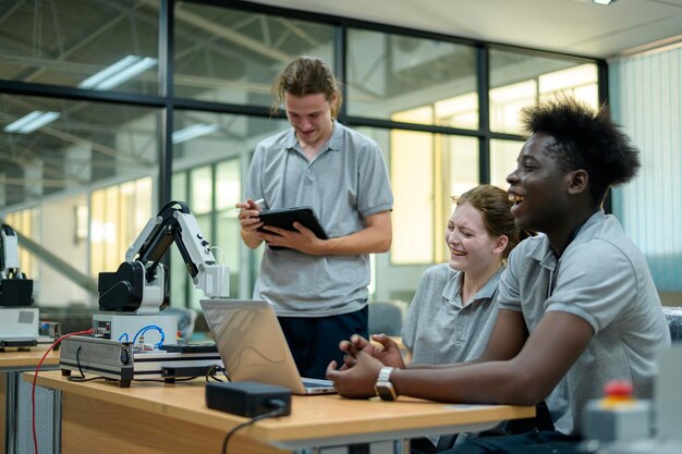 Trainee Robotics engineer learning with Programming and Manipulating Robot Hand