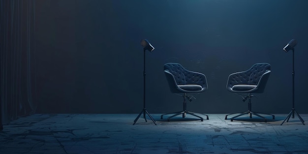 two chairs and microphones in the podcast or interview room