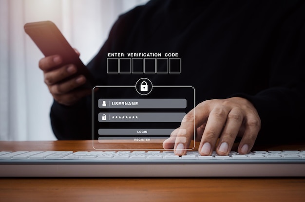 Two steps authentication or 2FA concept Empty verification code input box with sign in page appear when man use mobile phone for validate password Identity verification cyber security technology