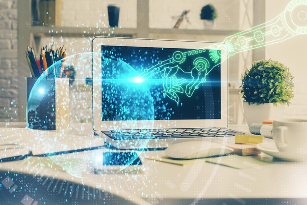 Työpöytätietokoneen ja teknologiateemaisen hologrammin monivalotus. Ohjelmistokehityksen konsepti