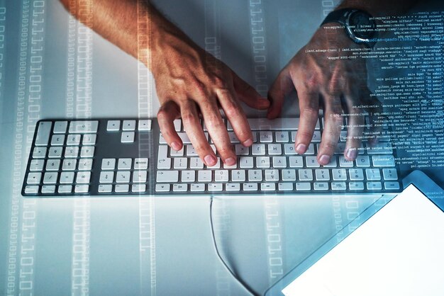 Typing keyboard and hands of man with overlay for online data analysis and cybersecurity for crypto trading Software hologram and web developer with algorithm virtual screen or network system