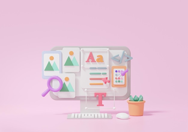 UIUX graphic design user interface system application software development concept on computer cartoon style minimal 3D rendering illustration