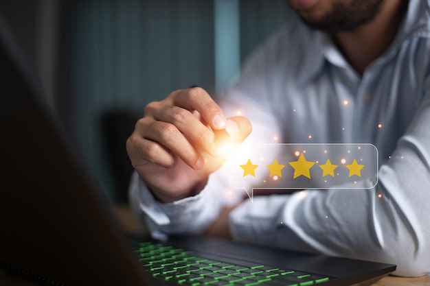 User give rating to service experience on online application for Customer review satisfaction feedback survey concept