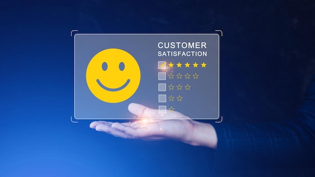 user gives rating to service experience on online application customer review satisfaction feedback survey concept customer can evaluate quality of service leading to reputation ranking of business