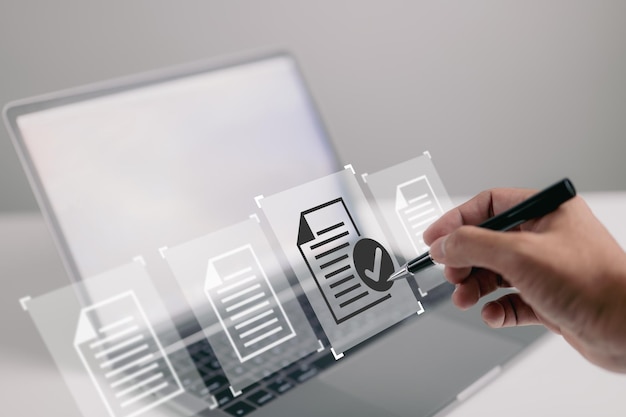 using a laptop with a virtual screen and document for paperless quality assurance and online erp clearance