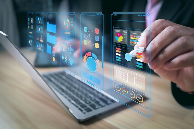 UX UI Mobile app user interface designs digital software mobile app development concept Planning application process develop prototype wireframe for mobile phone User experience computer code