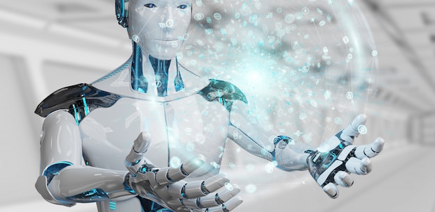 Valkoinen miespuolinen humanoidi käyttää digitaalista globaalia verkkoa 3D-renderöinti