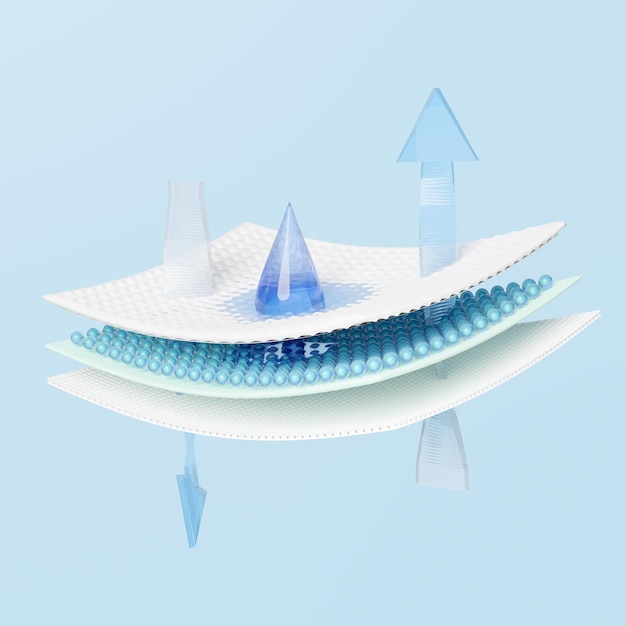 ventilate shows water droplets for diapers 3d with sanitary napkin synthetic fiber hair absorbent layer baby diaper adult concept 3d render illustration