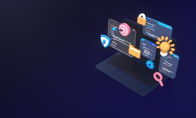 Verkkosivujen kehityksen ohjelmointikoodi tai sovellusten kehitys ja web design tietokoneella hakukoneoptimointia varten 3d-tausta