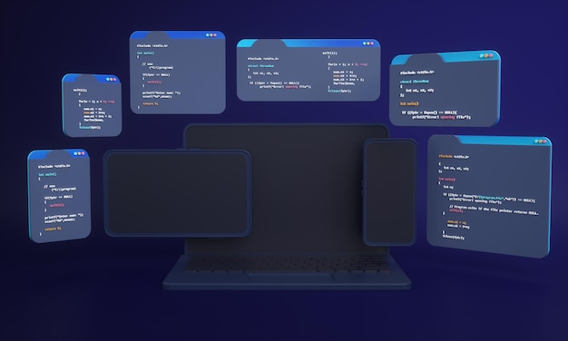 Verkkosivujen kehityksen ohjelmointikoodi tai sovellusten kehitys ja web design tietokoneella hakukoneoptimointia varten 3d-tausta
