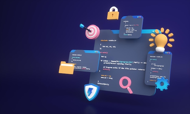 Verkkosivujen kehityksen ohjelmointikoodi tai sovellusten kehitys ja web design tietokoneella hakukoneoptimointia varten 3d-tausta