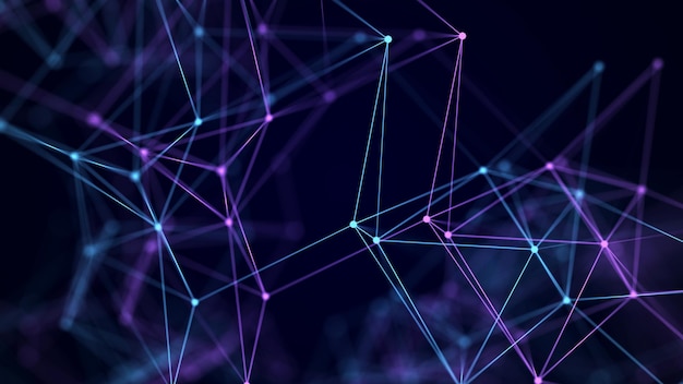 Verkkoyhteysrakenne Tiedonsiirto Abstrakti tausta, jossa on pisteiden ja viivojen punos 3D-renderöinti