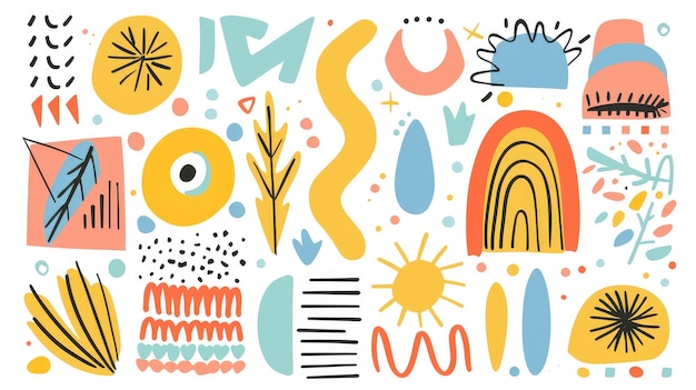 Vibrant Collection of Abstract Doodles and Geometric Collage Shapes in HandDrawn Style