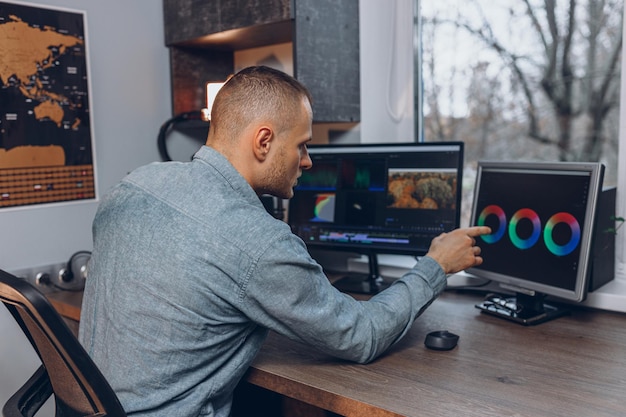 Video editor making post production and pointing at computer monitor with professional software