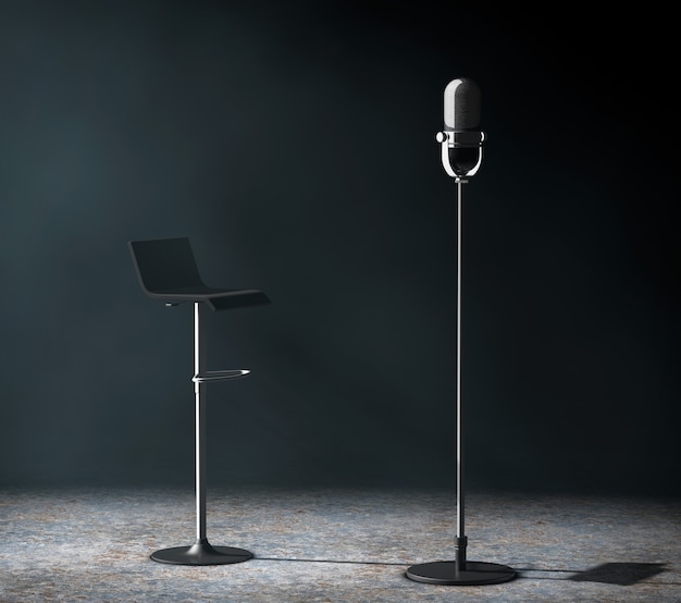 Vintage silver microphone with Chair in the volumetric light on a black background. 3d Rendering