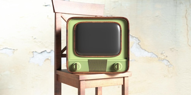 Vintage TV on a wooden chair faded wall background 3d illustration
