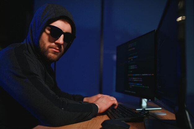 Wanted hackers coding virus ransomware using laptops and computers Cyber attack system breaking and malware concept
