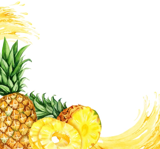 watercolor hand drawn frame with pineapple half and slices ripe pineapple rings and stream of juicy