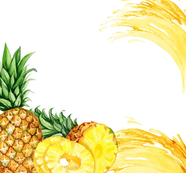 watercolor hand drawn frame with pineapple half and slices ripe pineapple rings stream of juicy