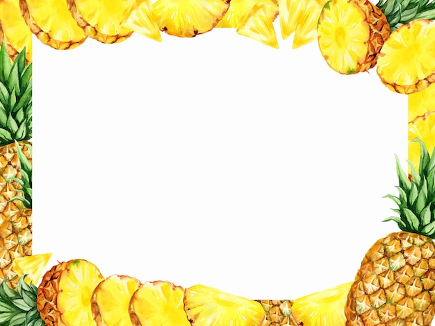 watercolor horizontal frame with illustration of pineapple with half and slices pineapple fruit food