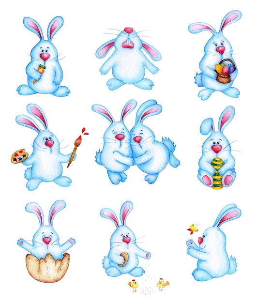 Watercolor illustration big set of cute blue Easter bunnies. Hares cartoon drawing for children. Easter, religion, tradition. Isolated on white background. Drawn by hand.