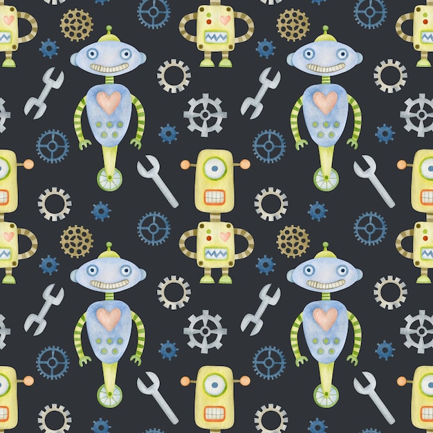 Watercolor seamless pattern robots