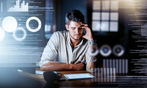 Web designer feeling stressed tired and depressed while working on cgi code information technology Big data engineer computer programmer or software developer busy thinking of it and ai tech