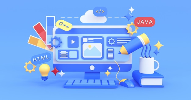 web designing concept in blue background 3d render