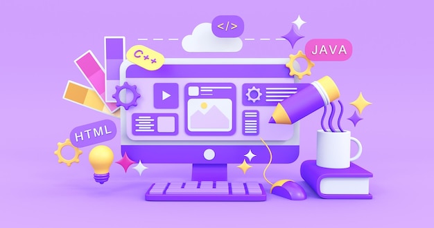 web designing concept in purple background 3d render
