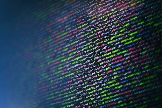 Website development. Server logs analysis. Closeup developing programming and coding technologies. Developer working on web sites codes in office.