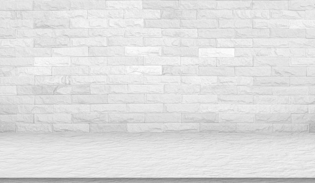 White brick wall and floor. empty interior, brick wall, cement floor.