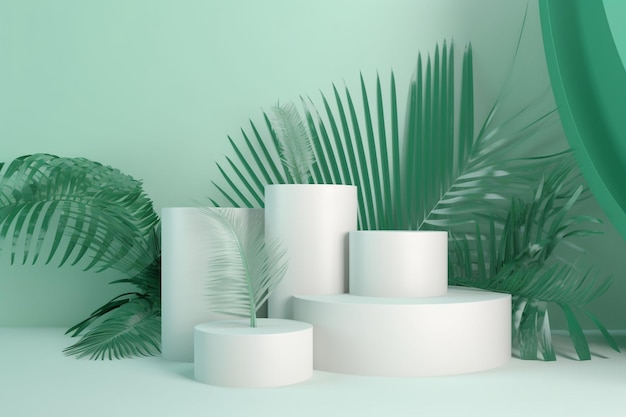White product podium with green tropical palm leaves generative ai