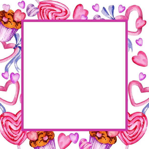 white square frame for valentine day with different hearts candy sweets ribbons and muffins watercolor hand draw illustration on purple background pink and lilac color frame for party decoration
