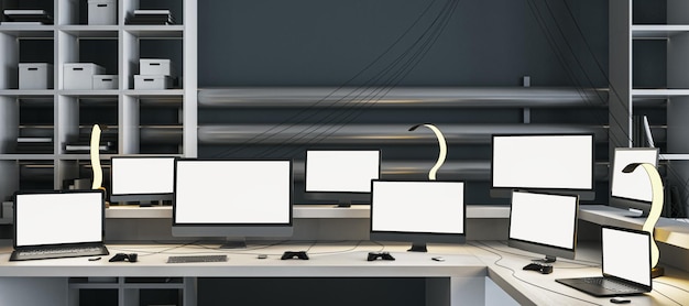 Wide office interior with multiple empty white computer monitors on light desk Gaming work hacking and bitcoin mining concept Mock up 3D Rendering