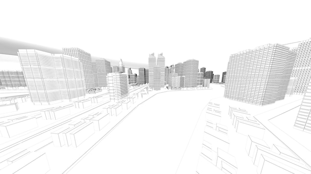 Wireframe-kaupunkikuvaLowpolygon-kaupungit ja -rakennuksetKaupungin liikealueella on korkea rakennelmaSiellä on jokia ja teitä3d-renderöinti