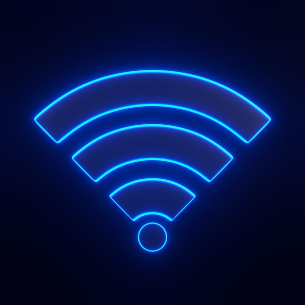 wireless network symbol with bright glowing futuristic blue neon lights on black background 3d