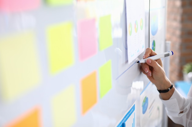 Woman draws graphics on white board and holds presentation