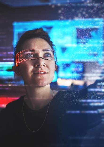 Woman hacker glasses and cybersecurity hologram info and vr malware futuristic technology and login privacy Data protection overlay iot dashboard and tech programmer with virtual reality goggles
