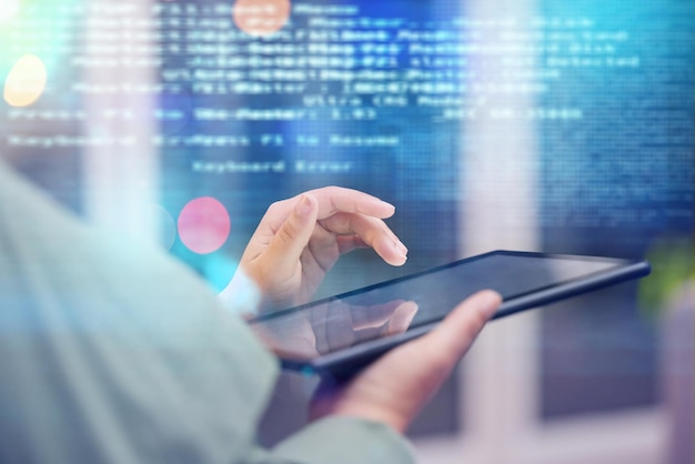 Woman hands and tablet with coding overlay in digital transformation software or hardware development Hand of female person coder or developer with technology or data analytics in double exposure