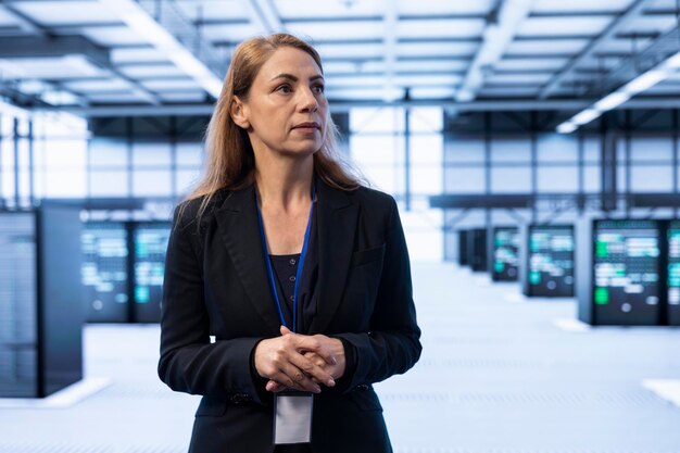 Woman in high tech server room facility monitoring supercomputers equipment
