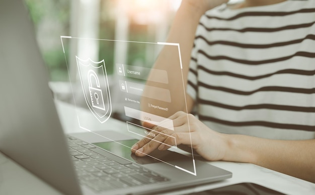 Woman is logging in with a username and password work from home Concept of cyber security and data protection information security and encryption Internet secure access to personal information