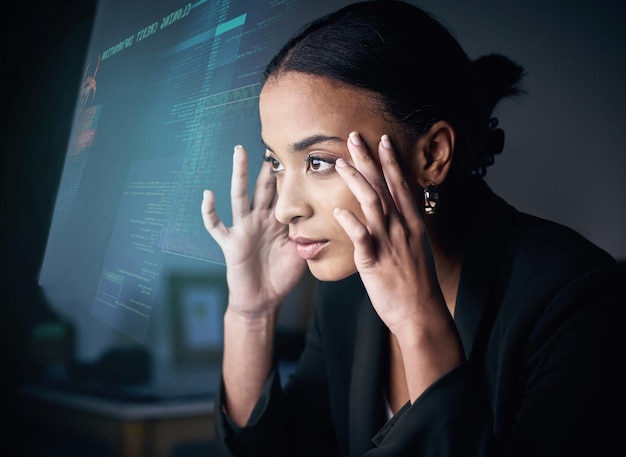 Woman overlay and programming with stress or headache with information data analysis and system Female programmer hacked and burnout with deadline overtime and project for coding software