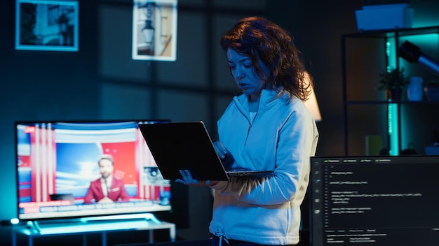 Woman walking in apartment designing and developing software applications